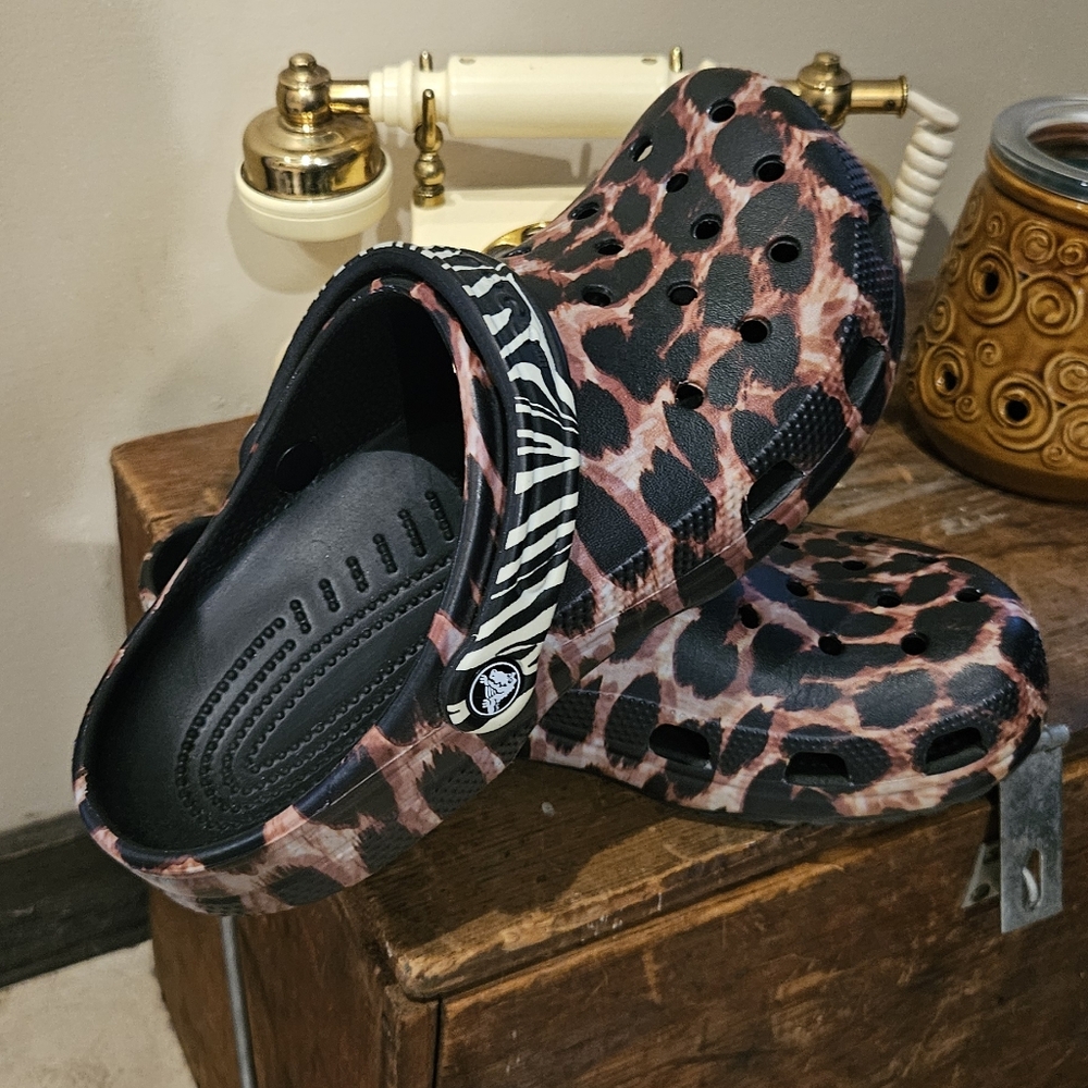 CROCS Animal Print Clogs with Black and White Strap